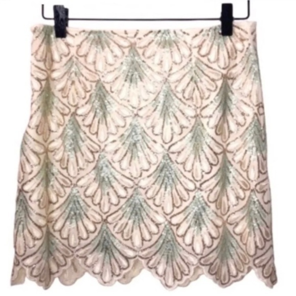 FRANSESCAS ALYA CREAM GOLD AND PASTEL GREEN SCALLOP HEM SEQUIN SKIRT SMA…